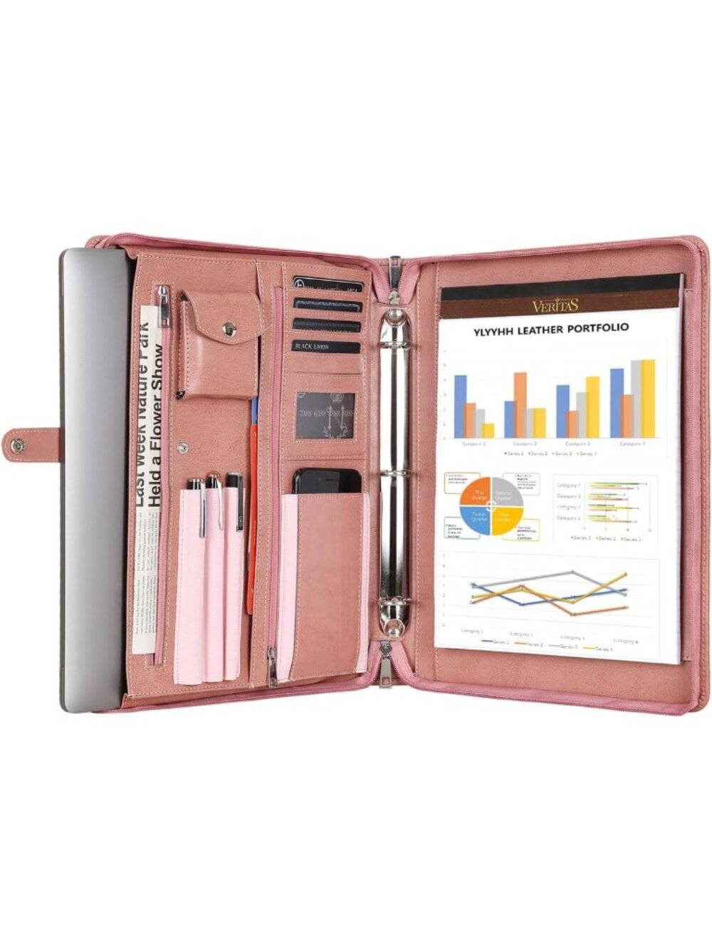 Stylish Pink Leather Padfolio Organizer for Women, 3-Ring Business Binder
